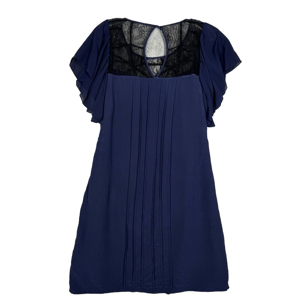Jenny Han Dress Womens Small Blue Black Lace Shift Pleated Silk Date Night Party